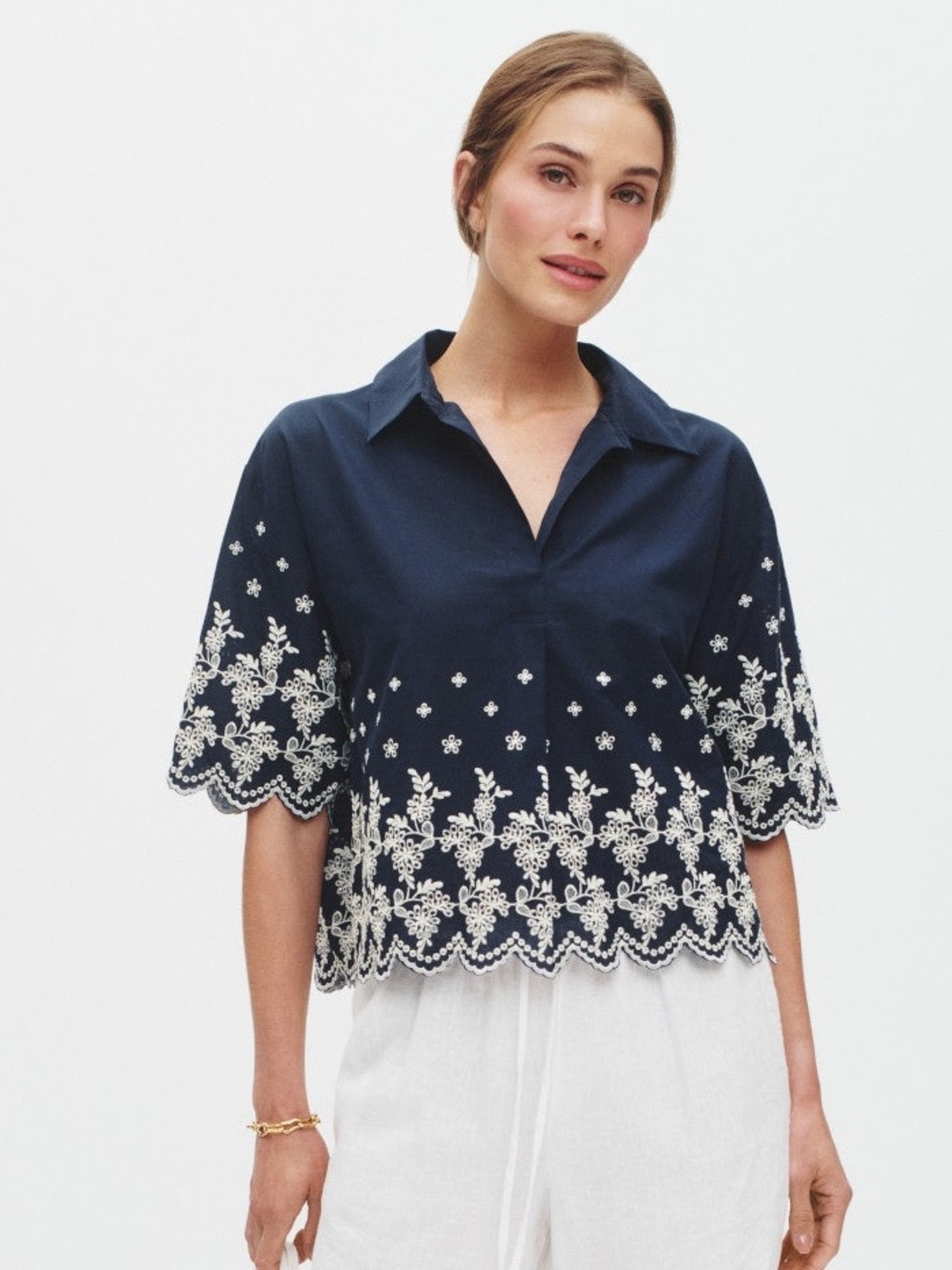 CeCe Navy Top with White Eyelet Embroidery